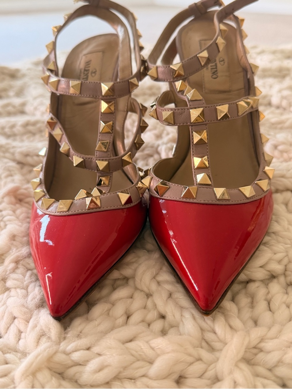 Valentino Red Patent Pointed-Toe Rockstud T-Strap Pumps with Tan Straps